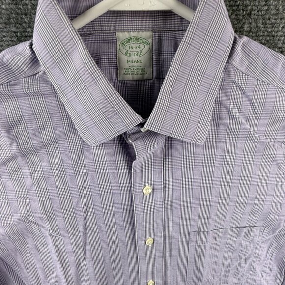 Brooks Brothers Milano Cotton Check Non-Iron 16 34 Purple Shirt Long Sleeve Men - Picture 2 of 12